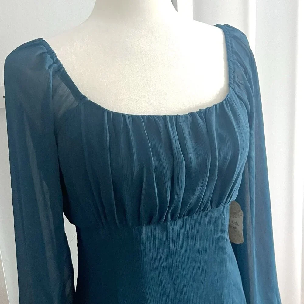 NWT Altar'd State Teal Blue Sheer Sleeve Square Neck Mini Dress Womens sz M - Picture 2 of 5